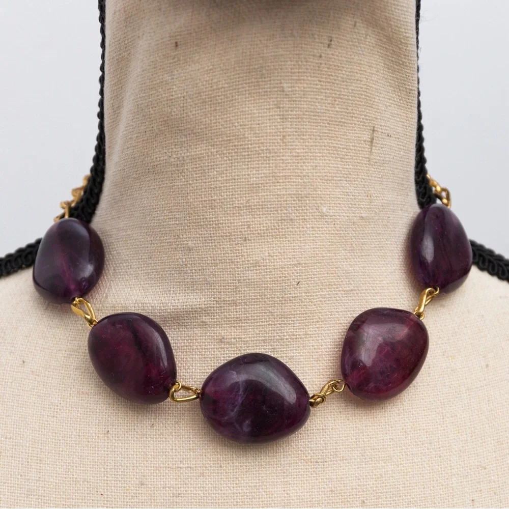 Choker length necklace with faux stone marble look chunky with gold tone Merona - Picture 7 of 11